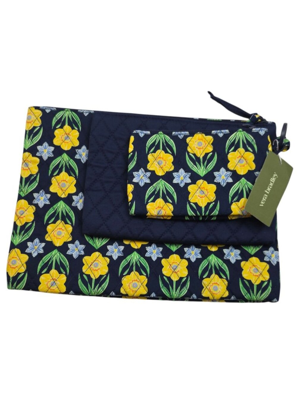Vera Bradley 3 Piece Organizer Pouch Set Daffodils Floral Navy Quilted Pattern